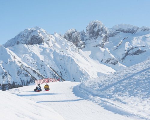 En hiver, sur la piste Moriond Racing à Courchevel Moriond, une famille partage un moment de complicité en luge, glissant ensemble au cœur des montagnes enneigées.